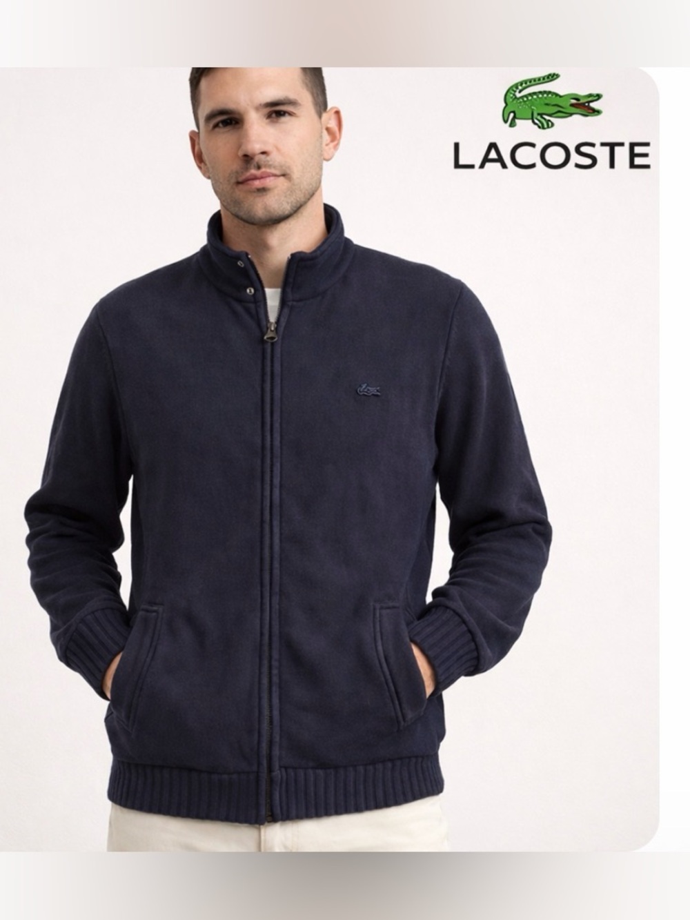 Lacoste Navy Full Zip Cardigan Sweater Mens Medium Cotton Preppy Classic Grandpa